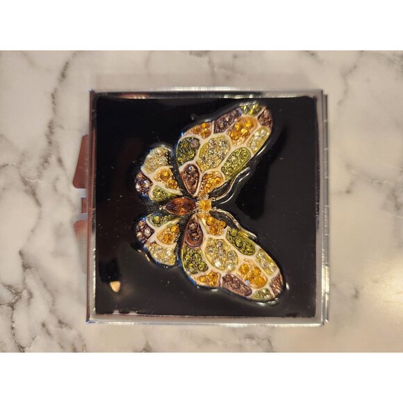 Vintage Butterfly Rhinestone Compact Mirror Silver Tone Double-Sided - Picture 2 of 6
